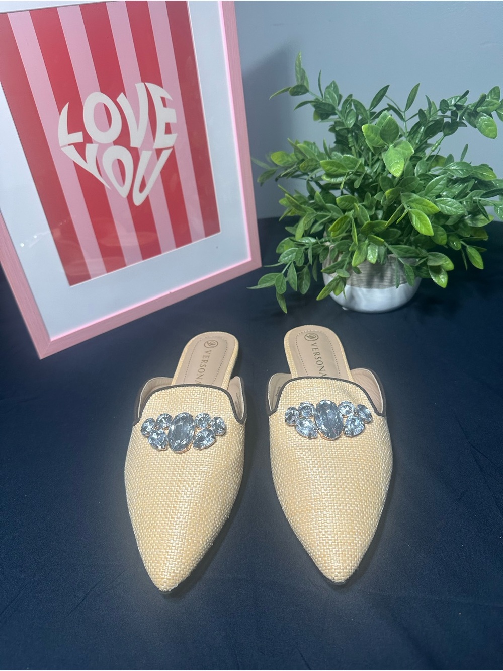 Versona Beige Jeweled Pointed Slip-On Mules
